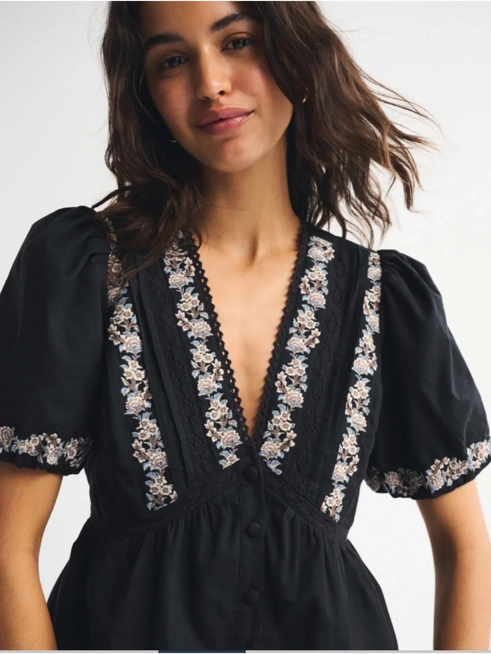 Black Embroidered V-Neck Puff Sleeve Top